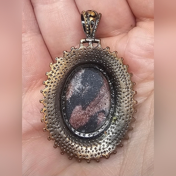 Handmade Pink Brown Rhodonite Gemstone Oval Pendant - Picture 3 of 7